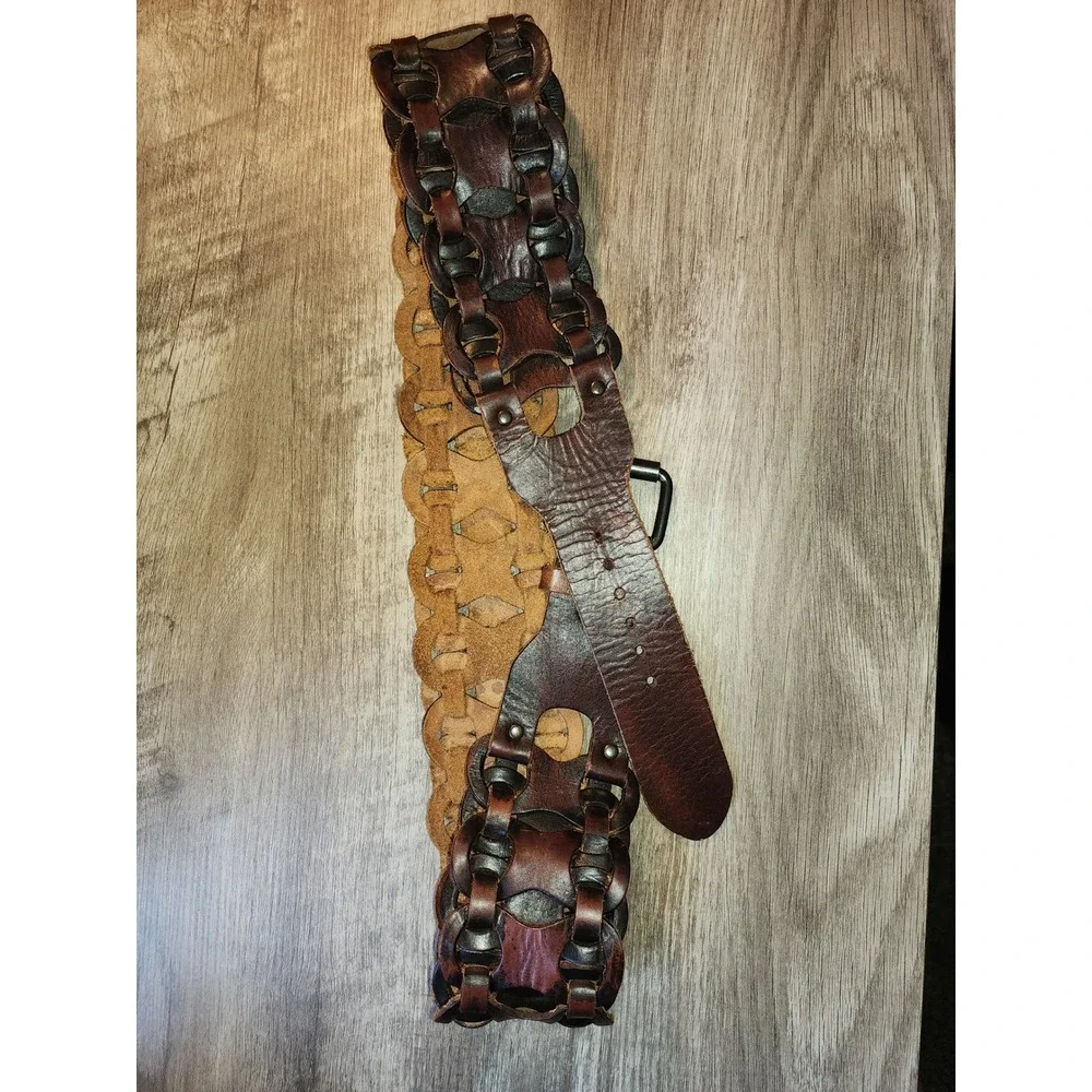 Vintage Style Wide Braided Genuine Leather Waist Belt Brown Boho Interlaced L